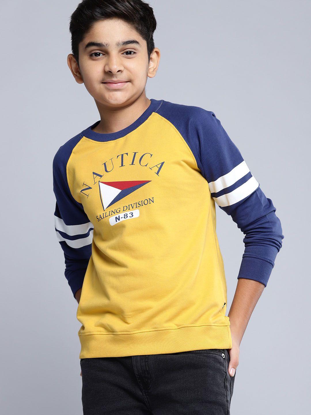 nautica boys mustard yellow & blue pure cotton brand logo printed sweatshirt