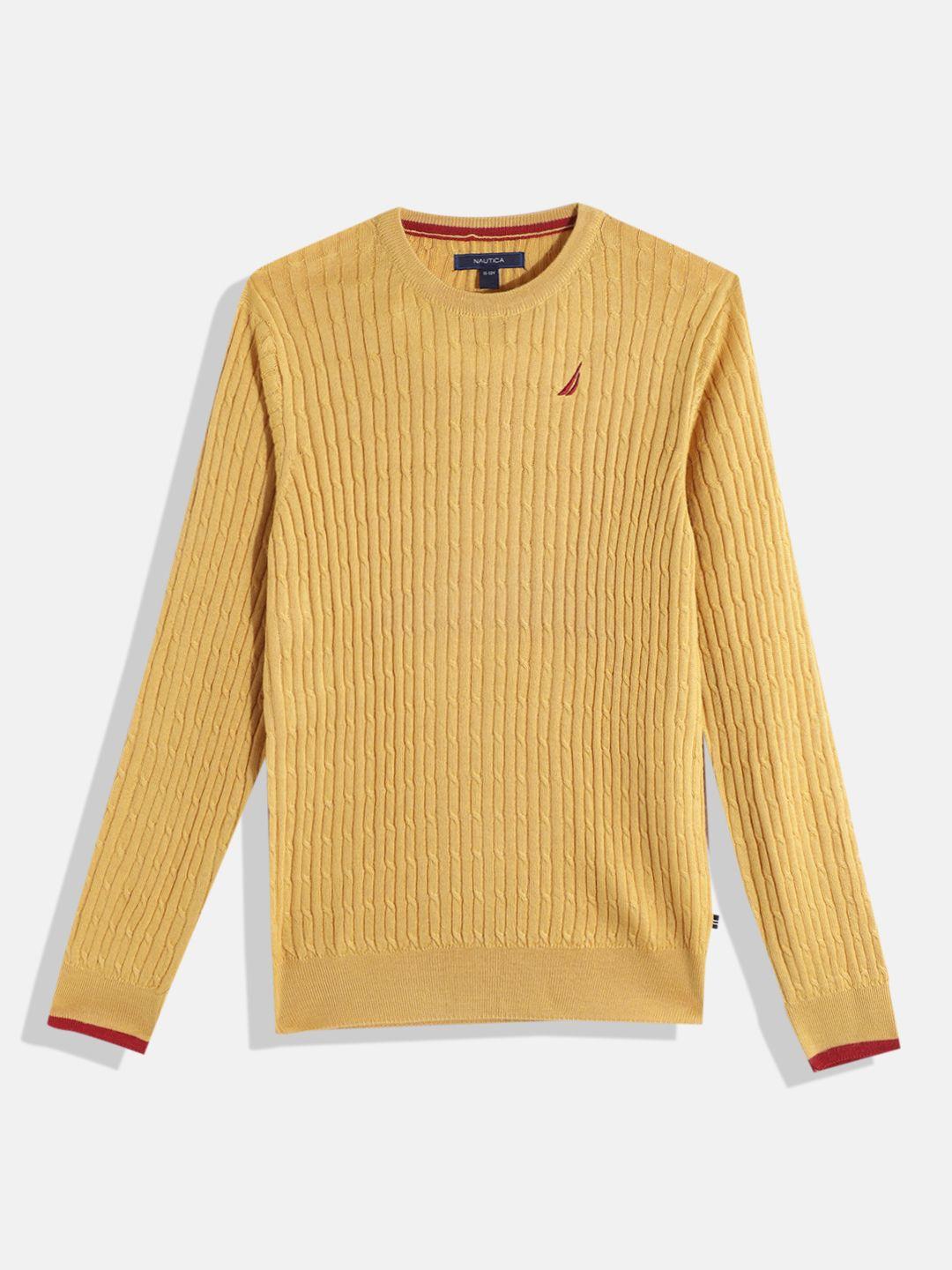 nautica boys mustard yellow self design cable knit round neck pullover