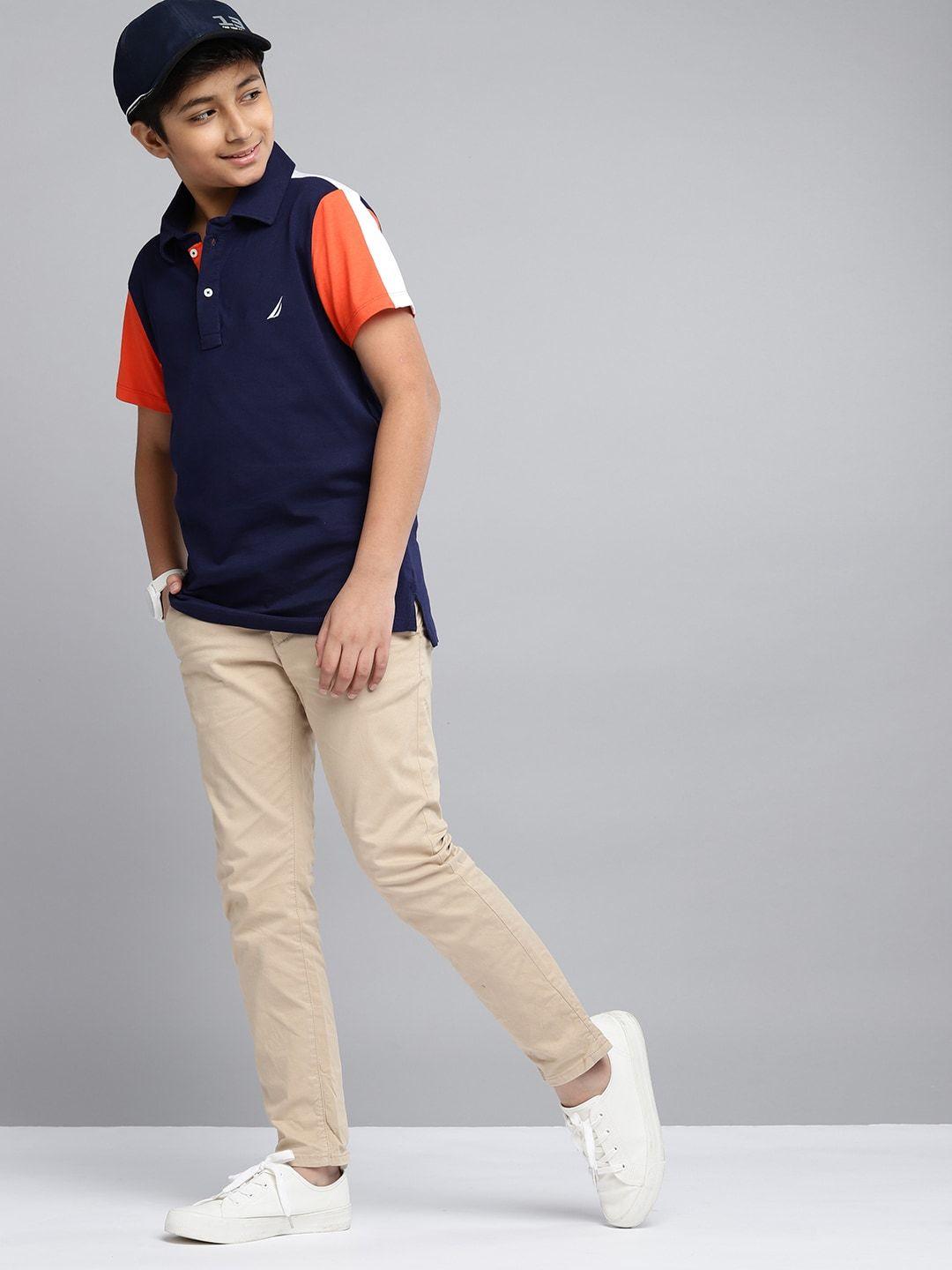 nautica boys navy blue & orange pure cotton polo collar t-shirt