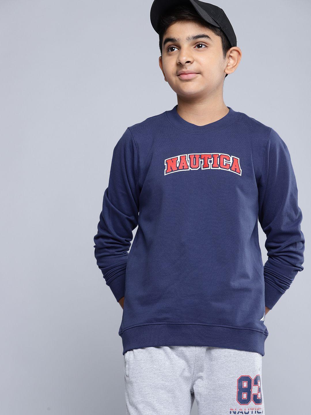 nautica boys navy blue & red pure cotton brand logo printed sweatshirt