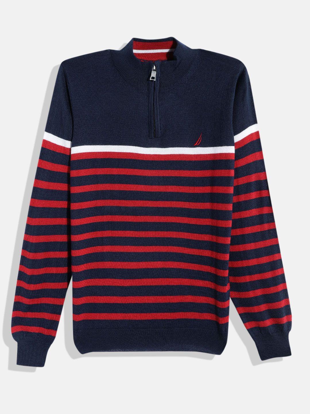 nautica boys navy blue & red striped acrylic pullover