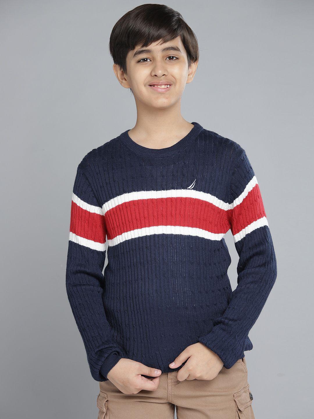 nautica boys navy blue & red striped self design round neck pullover