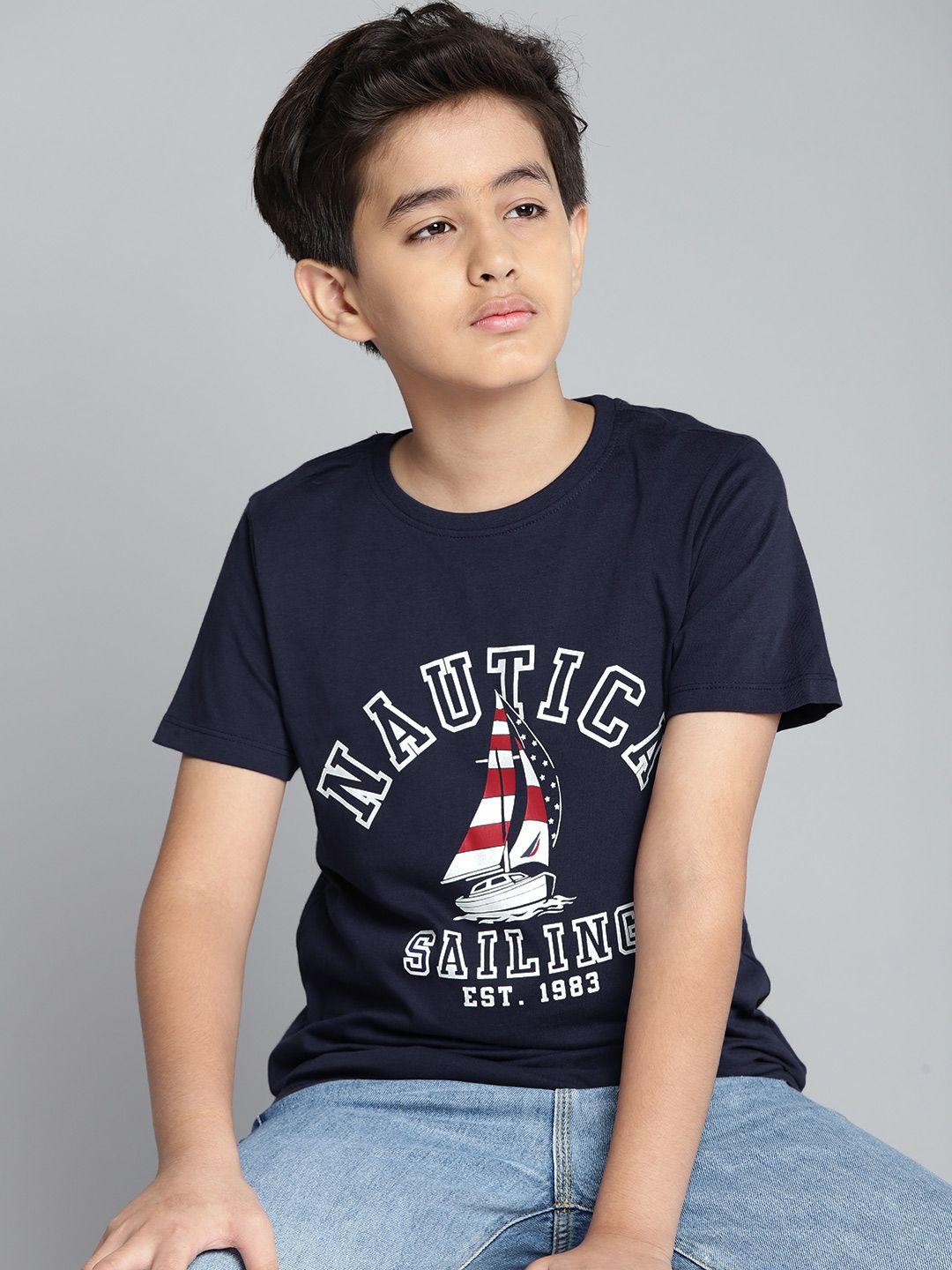 nautica boys navy blue & white brand logo print round neck pure cotton t-shirt