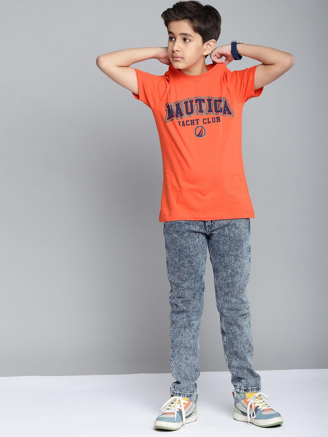 nautica boys orange & navy blue brand logo print round neck pure cotton t-shirt