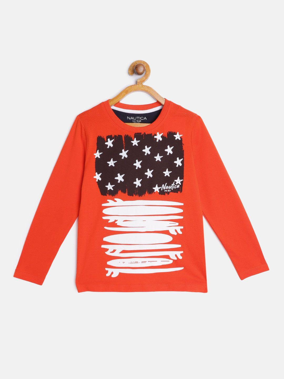 nautica boys orange & white abstract print round neck regular sleeves pure cotton t-shirt