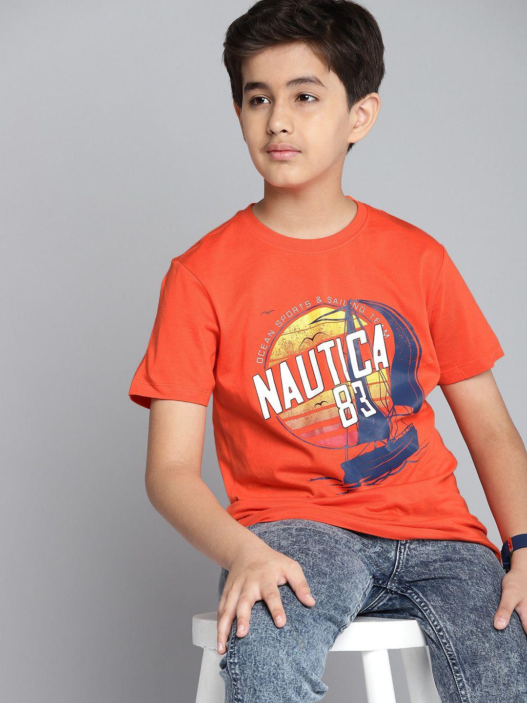 nautica boys orange brand logo print round neck pure cotton t-shirt