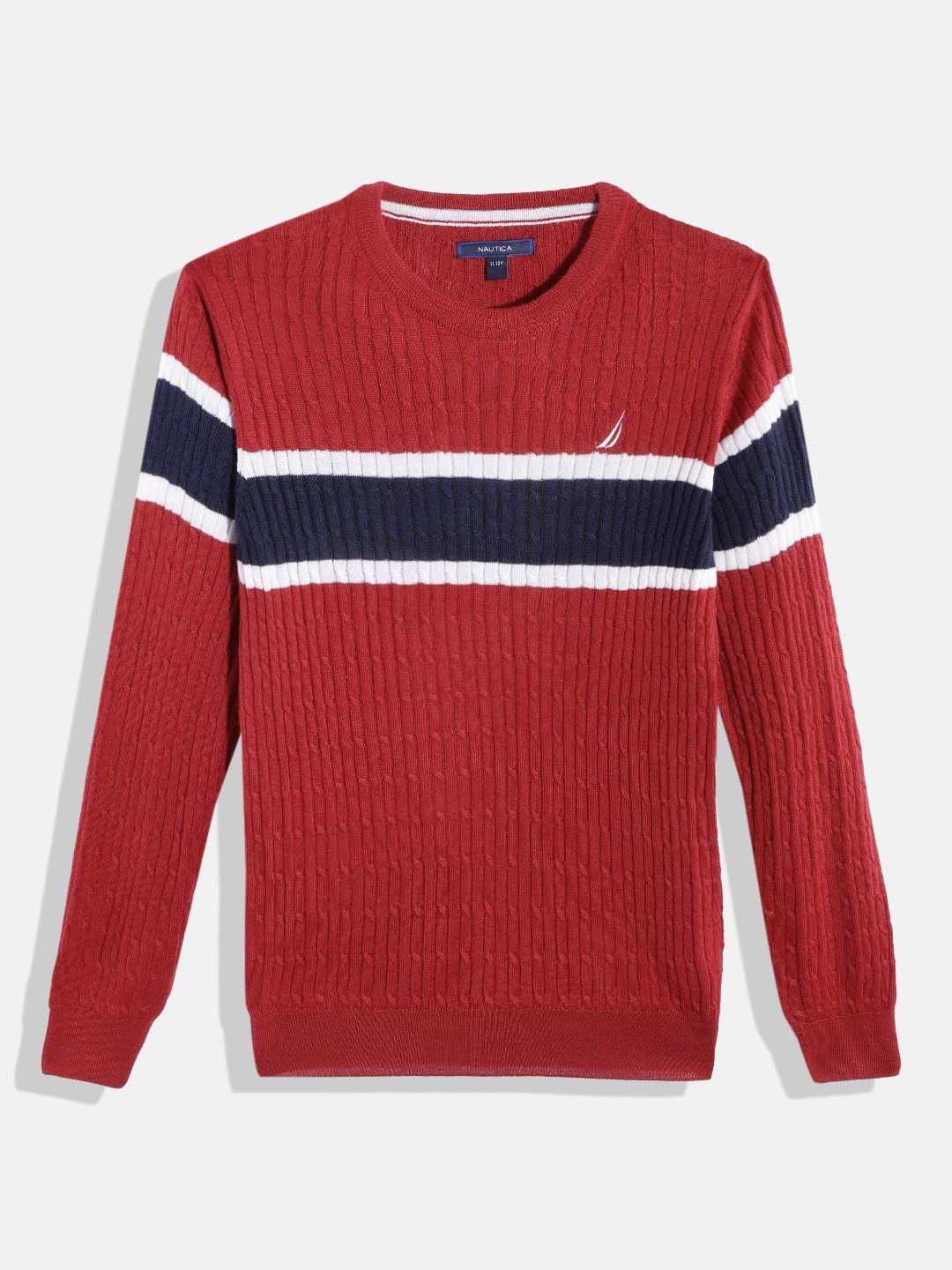 nautica boys red & navy blue striped round neck pullover