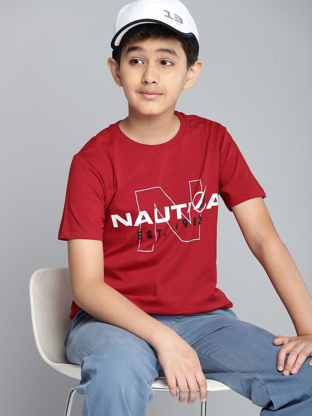 nautica boys red & white pure cotton brand logo print t-shirt