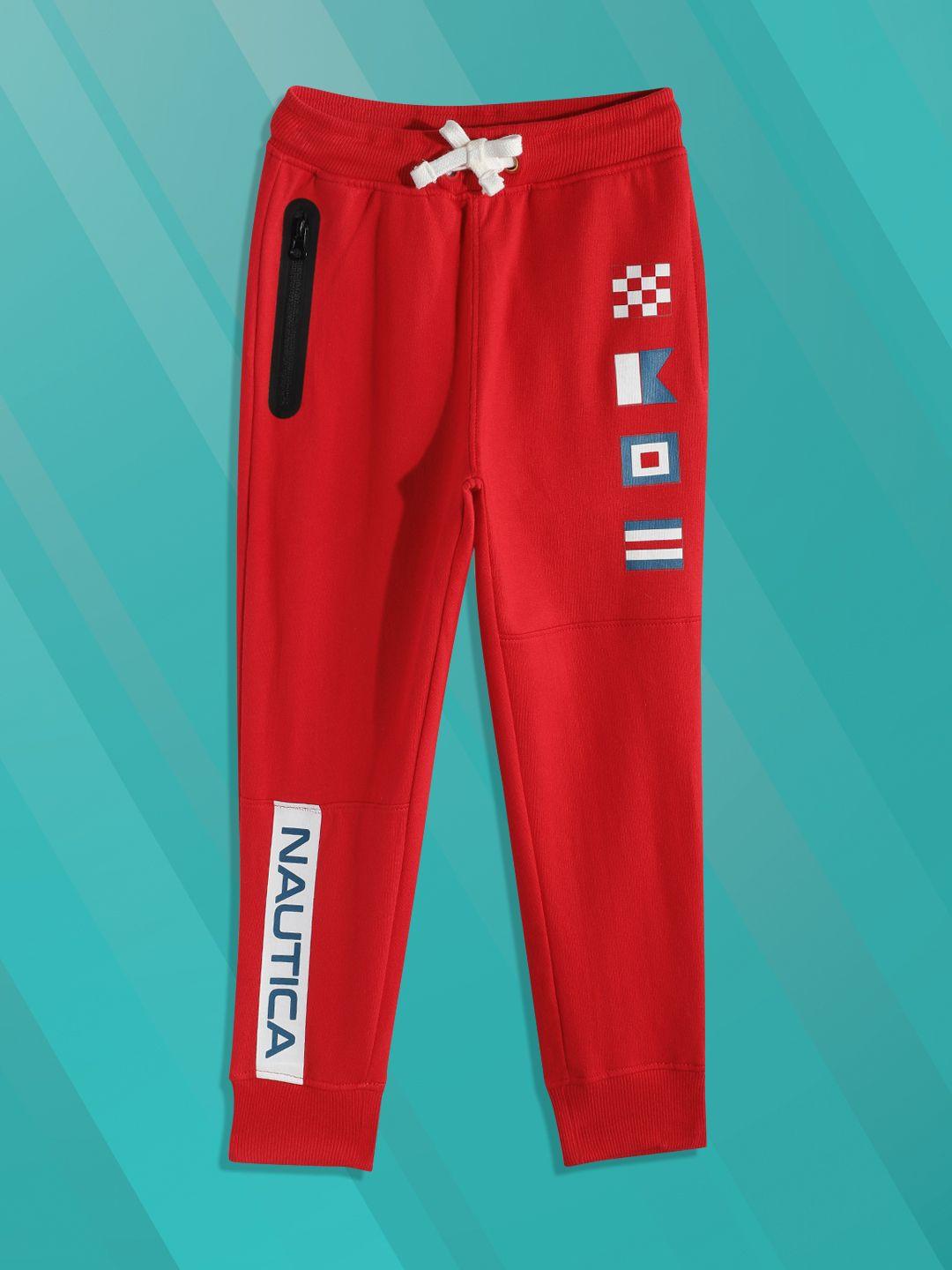 nautica boys red printed pure cotton joggers