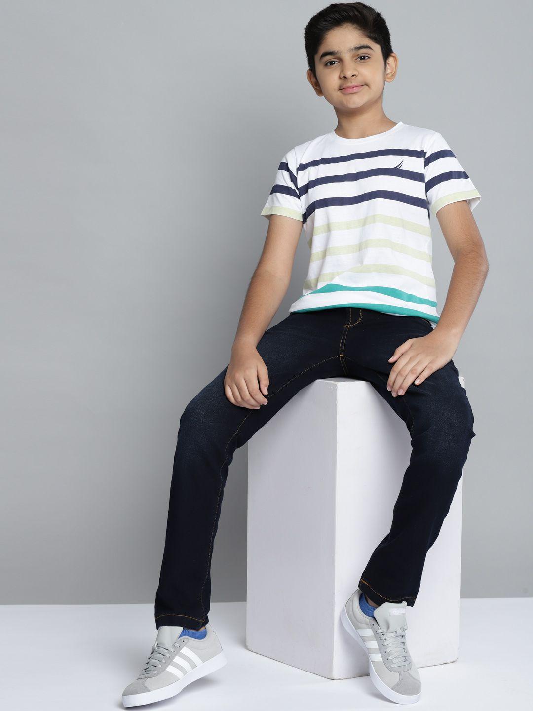 nautica boys white & navy blue striped cotton t-shirt