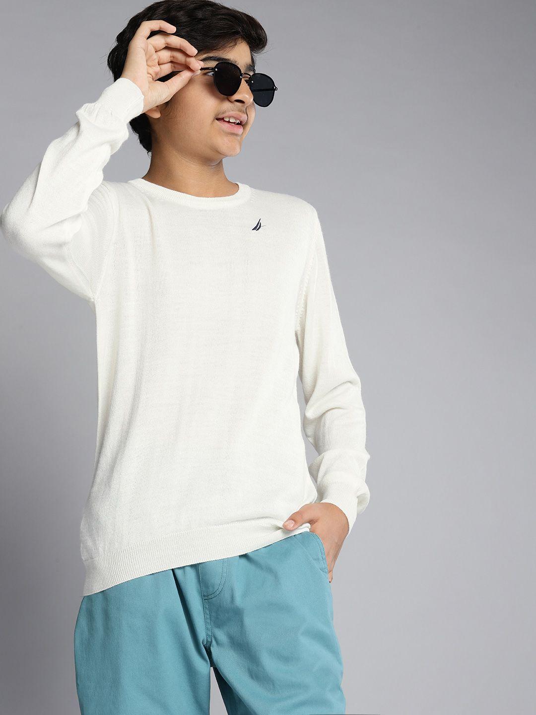 nautica boys white solid round neck acrylic pullover