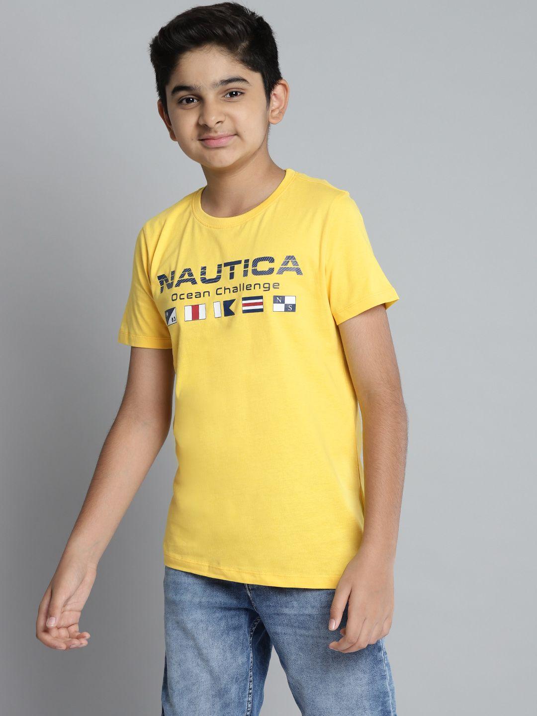 nautica boys yellow & blue brand logo print round neck pure cotton t-shirt