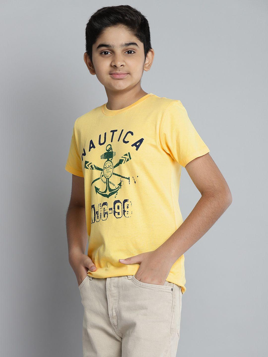nautica boys yellow & navy blue brand logo print round neck pure cotton t-shirt