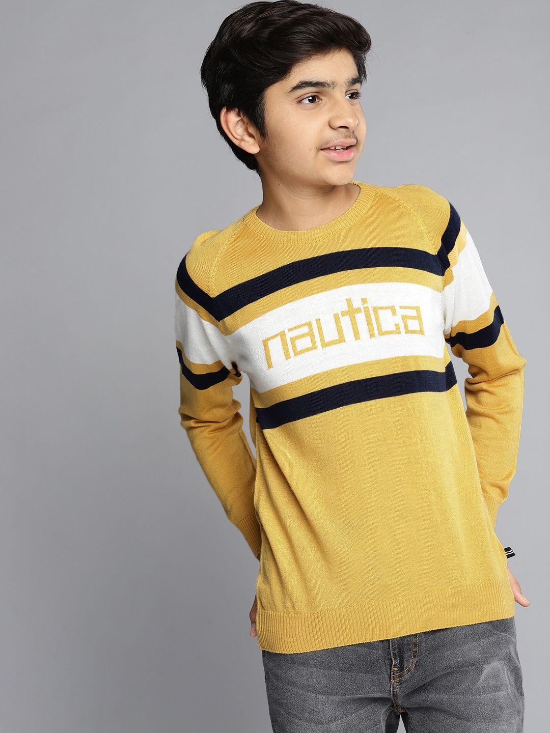 nautica boys yellow & white striped round neck acrylic pullover