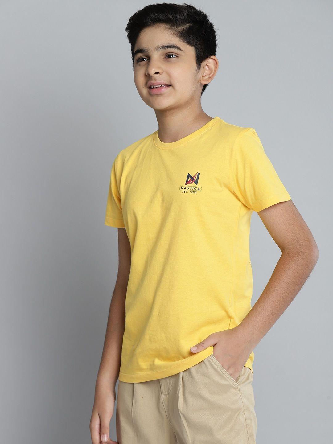 nautica boys yellow solid round neck pure cotton t-shirt with brand logo print detail