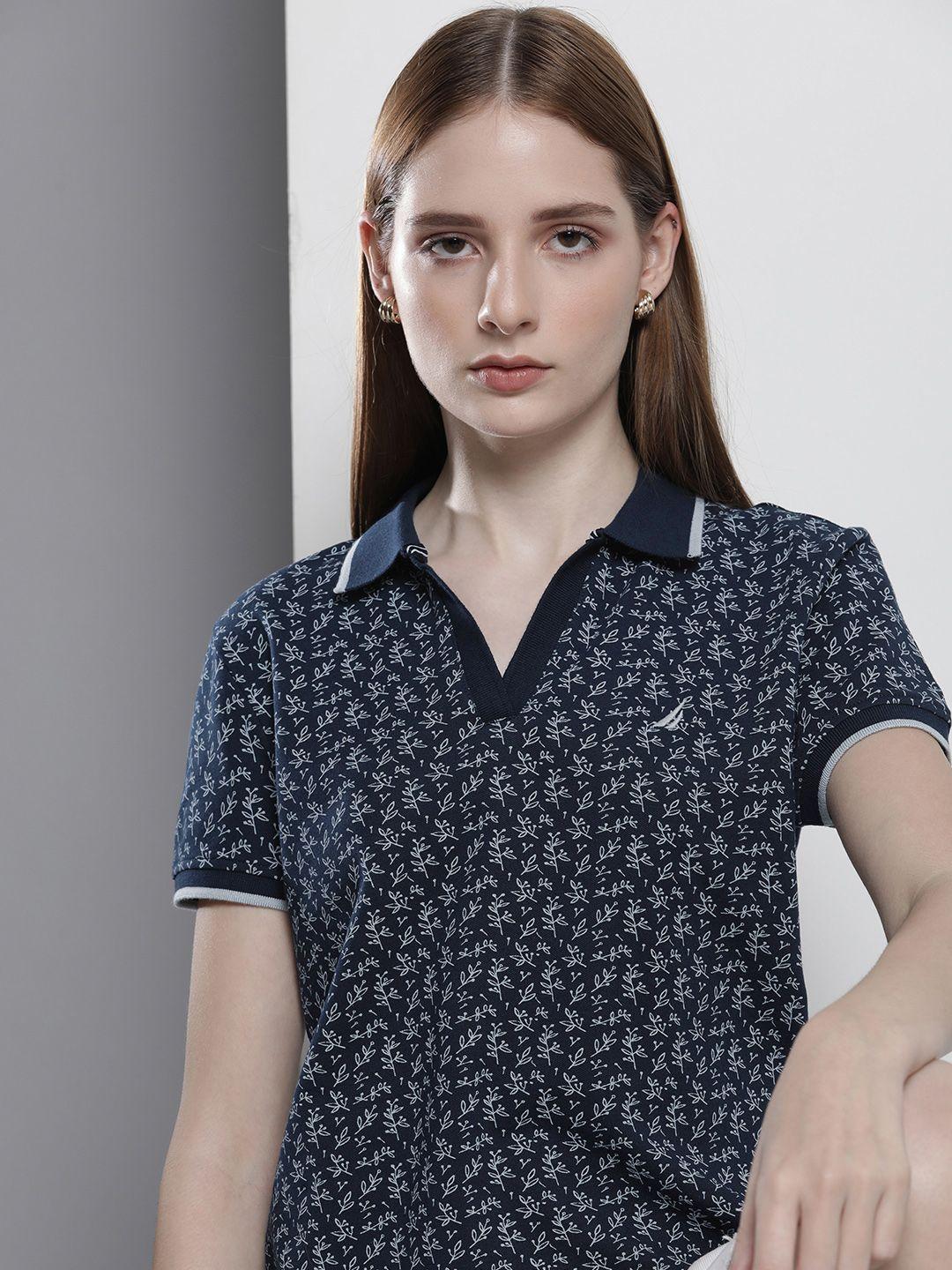 nautica floral printed polo collar casual t-shirt