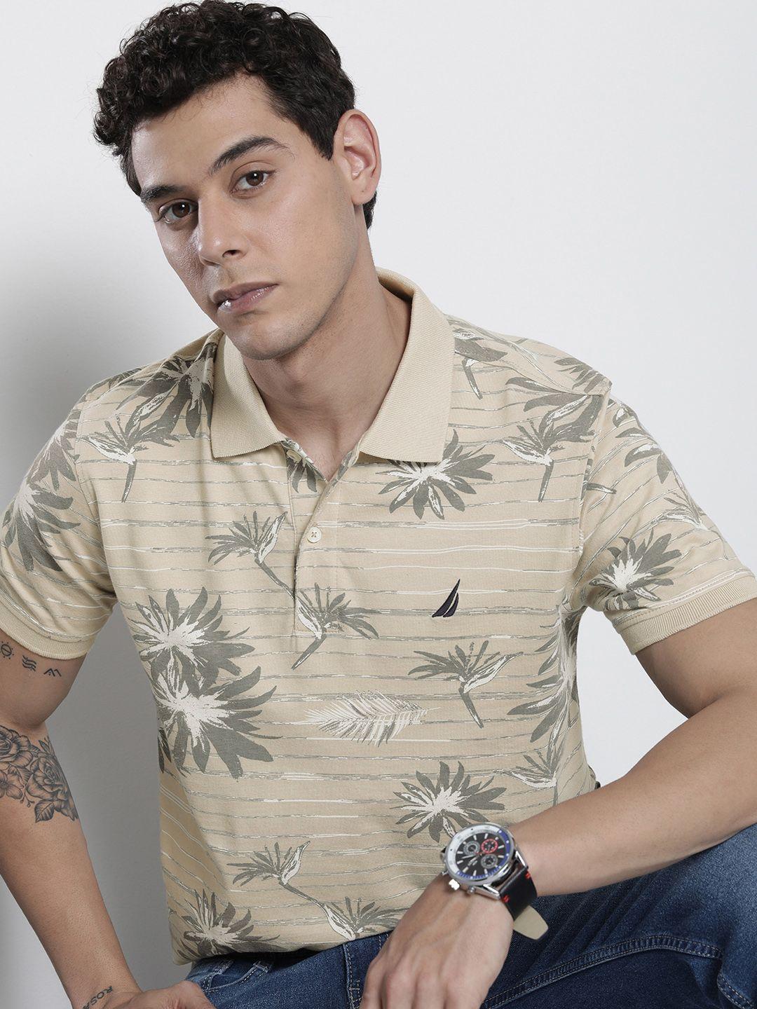 nautica men beige & grey tropical printed polo collar pure cotton t-shirt