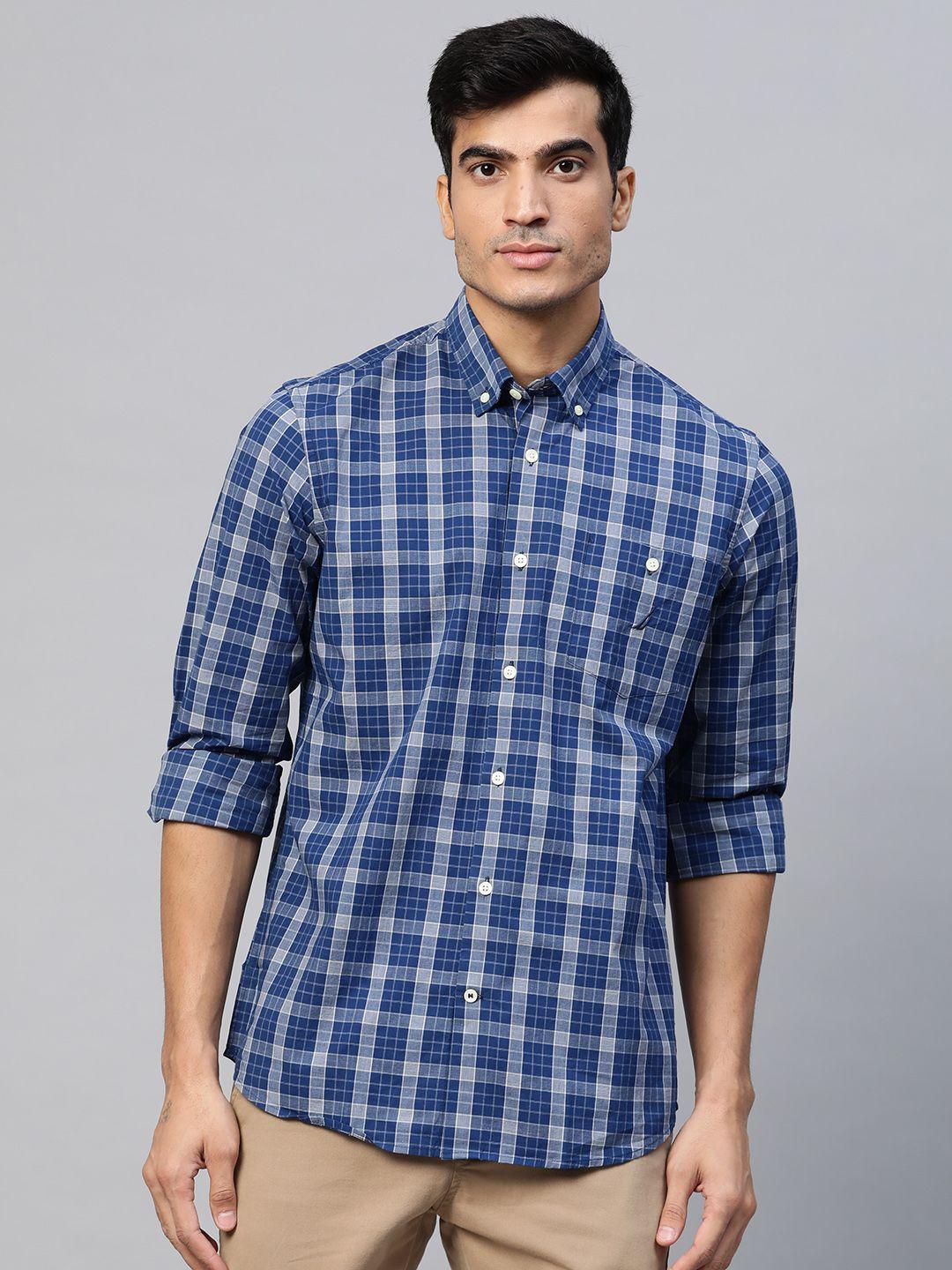 nautica men blue & grey checked classic fit casual shirt