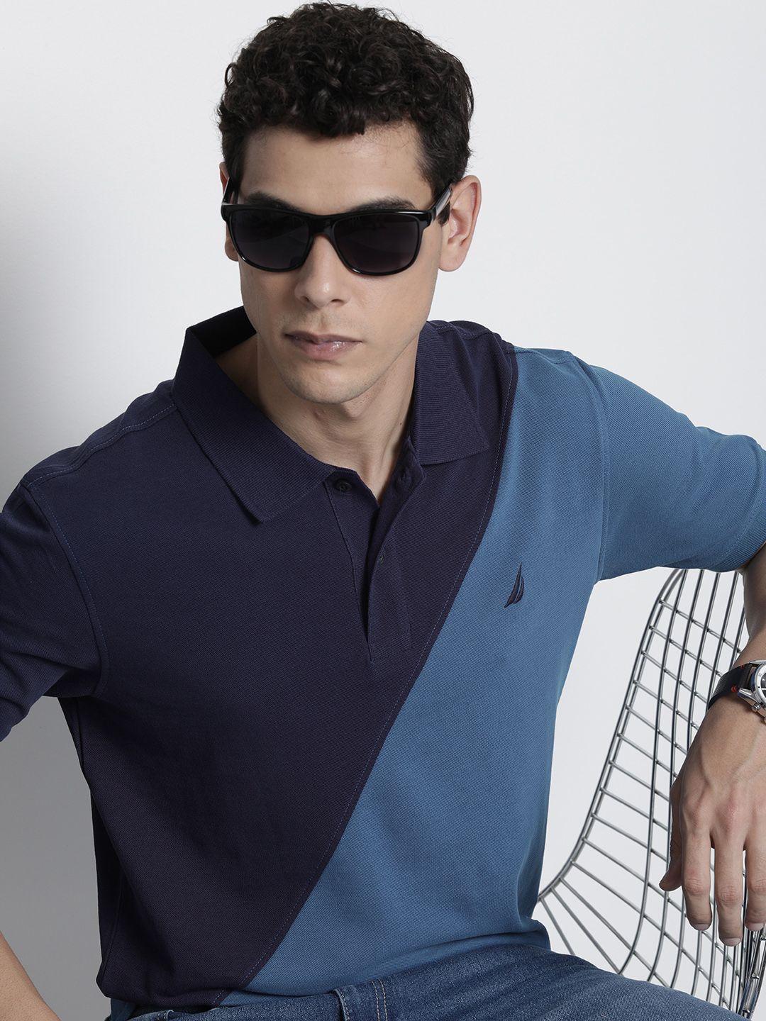 nautica men blue & navy blue colourblocked polo collar pure cotton t-shirt