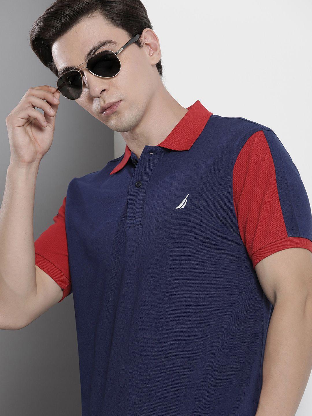 nautica men blue & red colourblocked polo collar pure cotton casual t-shirt