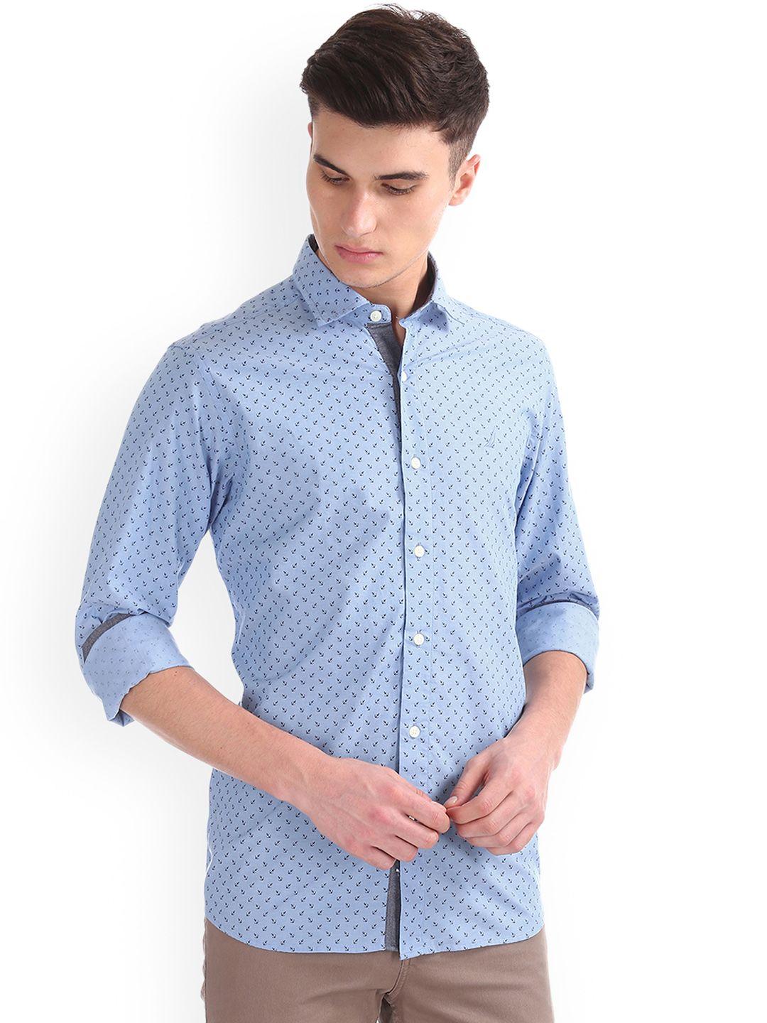 nautica men blue regular fit printed casual shirt