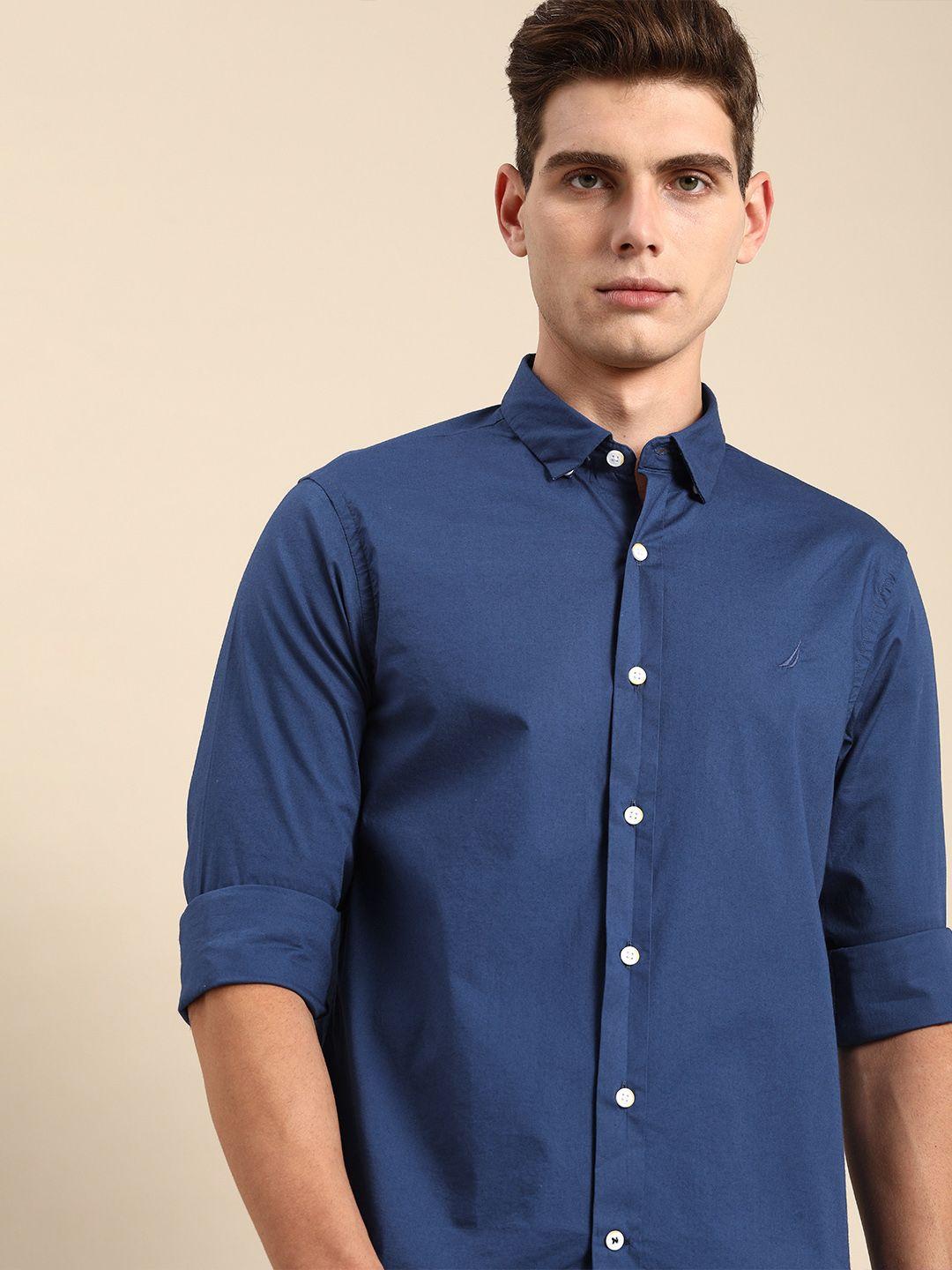 nautica men blue regular fit solid casual shirt