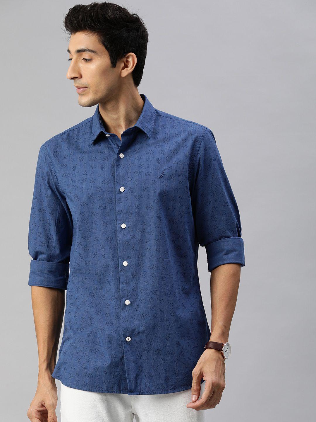 nautica men blue slim fit printed casual shirt