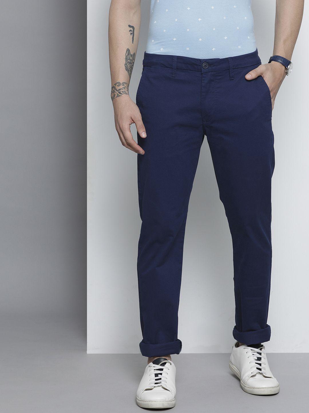 nautica men blue solid mid rise slim fit trousers