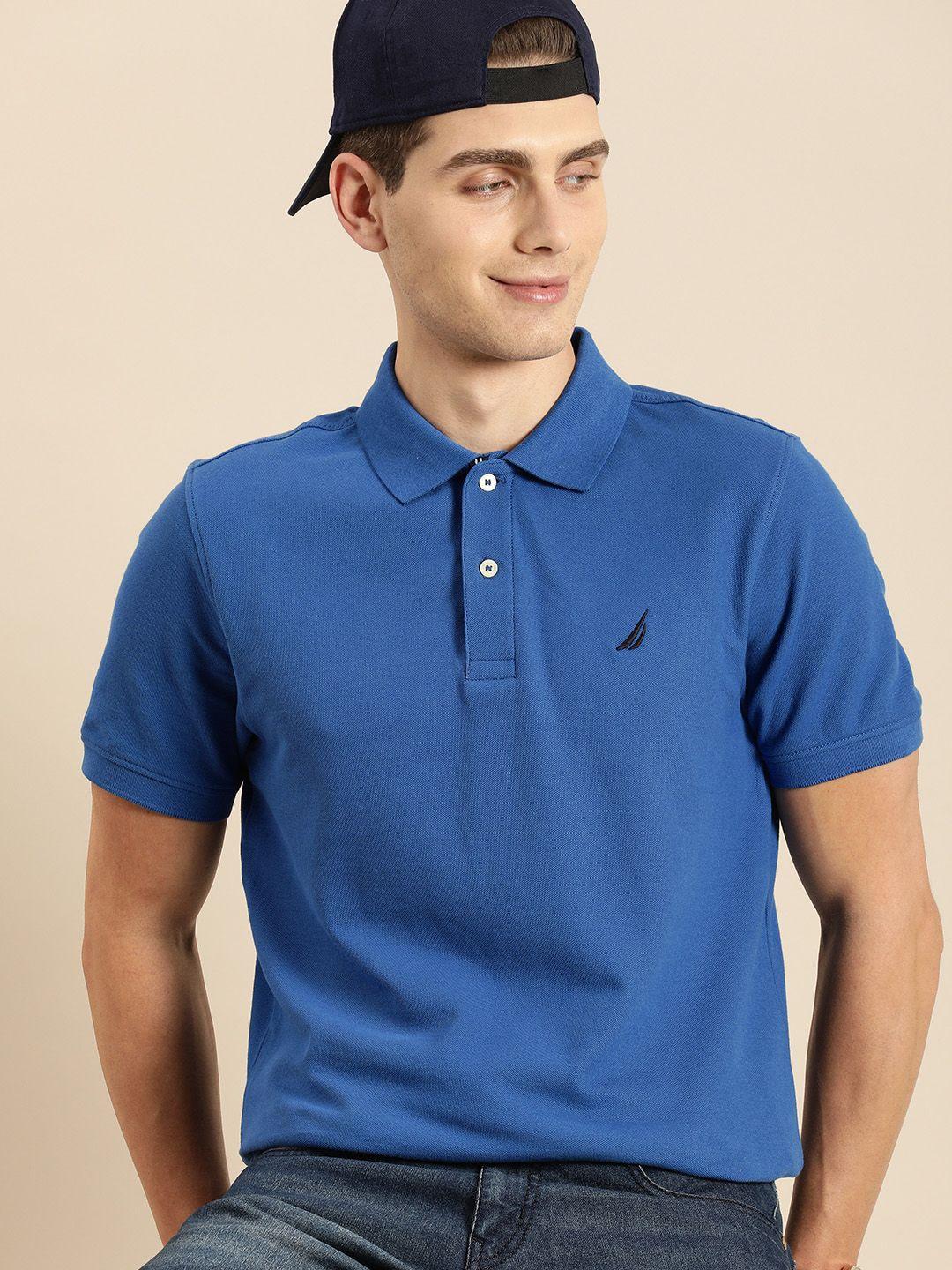 nautica men blue solid polo collar t-shirt