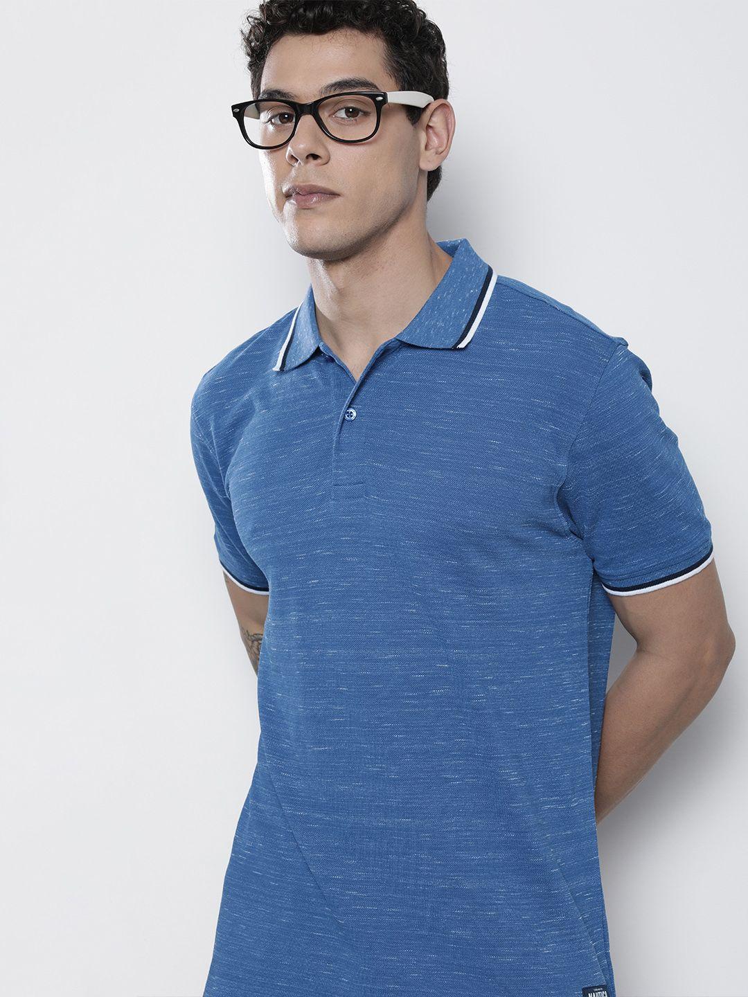 nautica men blue solid polo collar t-shirt