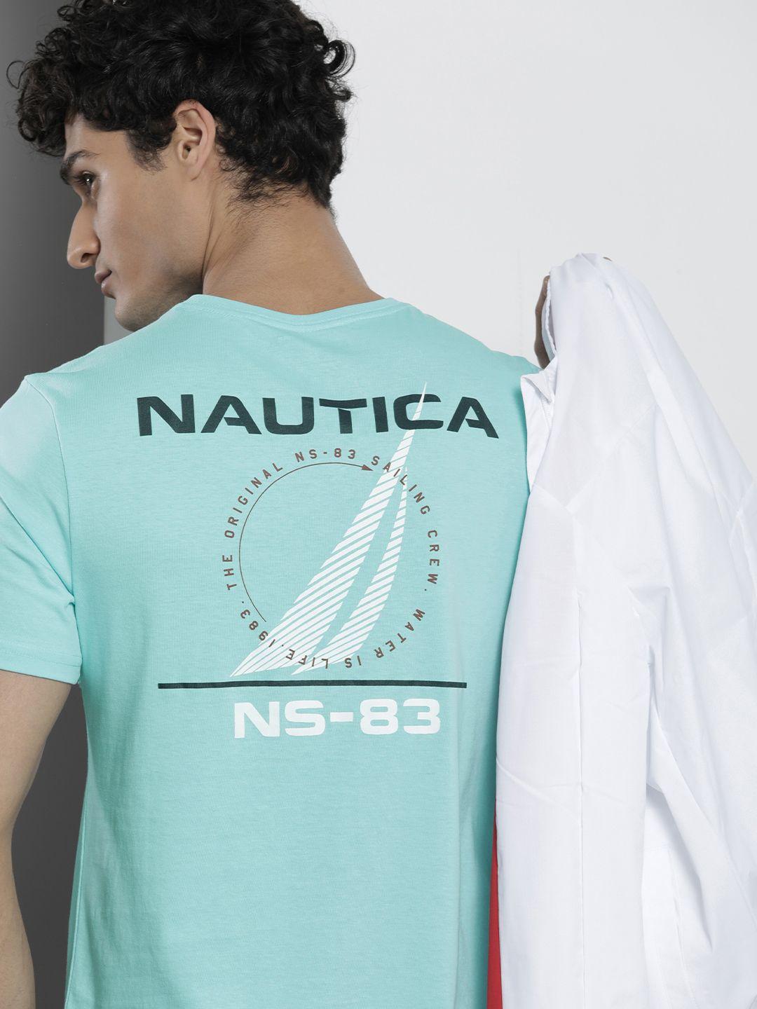 nautica men brand logo back printed round neck pure cotton t-shirt