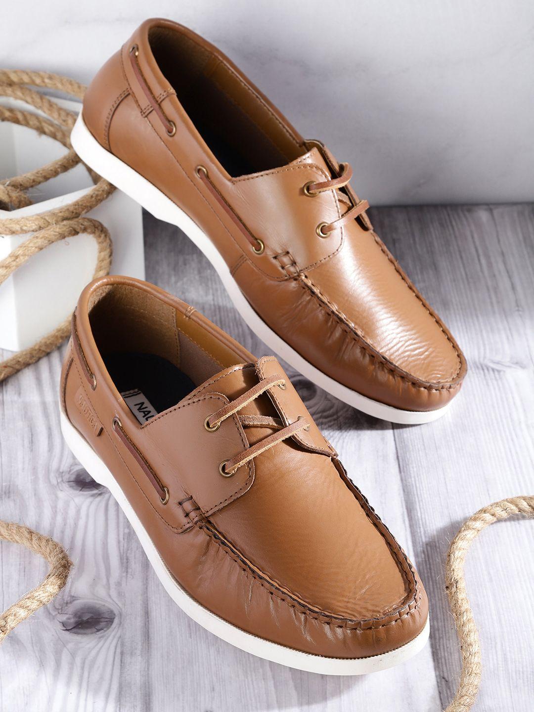 nautica men brown solid leather boat shoes