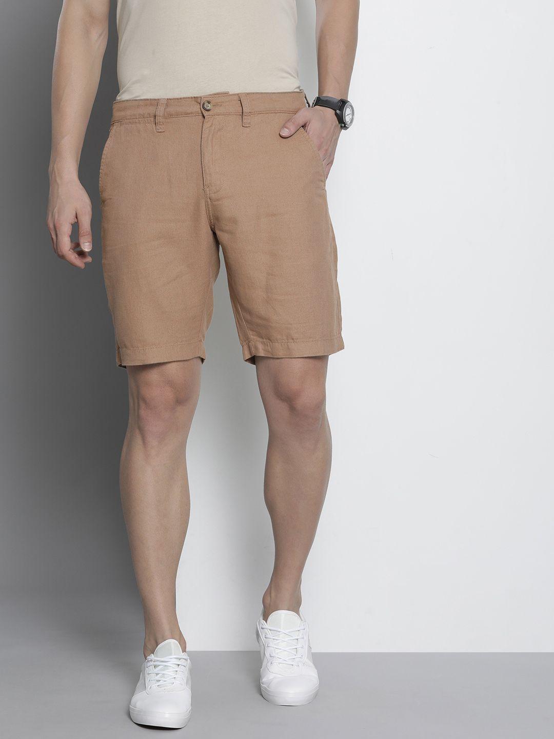 nautica men brown solid slim fit cotton linen regular shorts