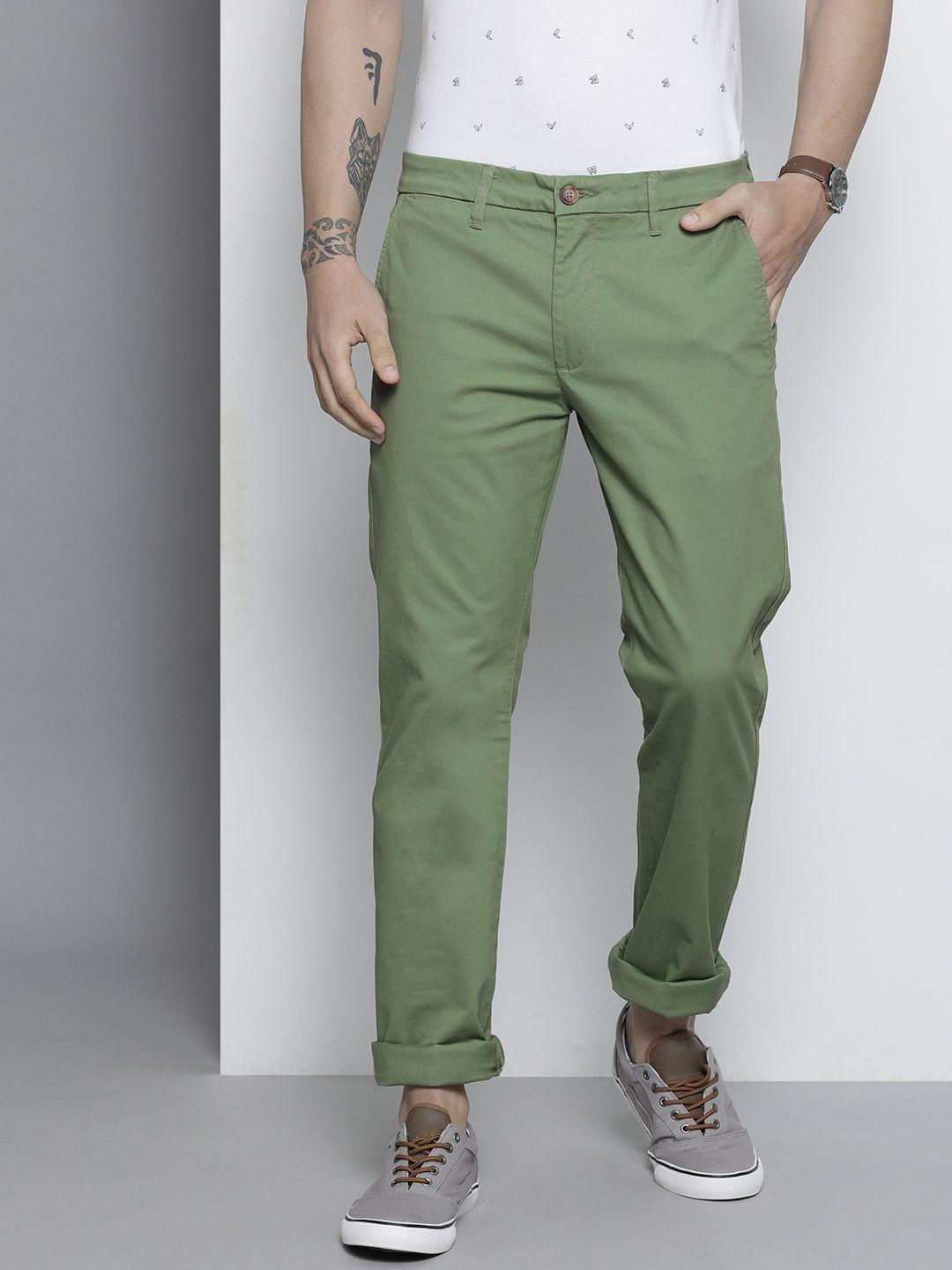 nautica men green solid mid rise slim fit trousers