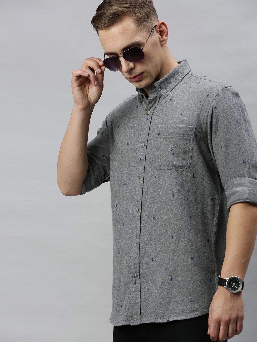 nautica men grey & blue classic regular fit nautical print pure cotton casual shirt