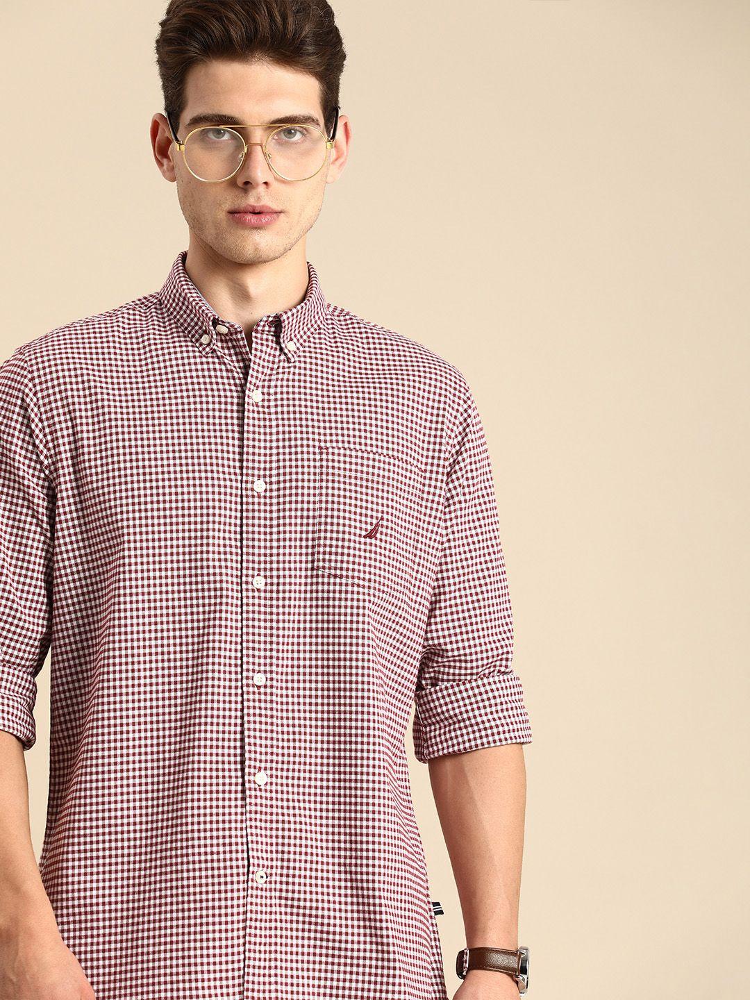 nautica men maroon&white gingham checked opaque casual shirt