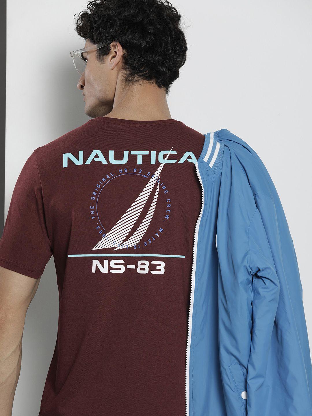 nautica men maroon & blue brand logo printed pure cotton t-shirt