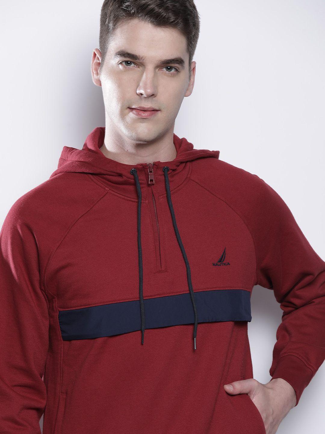 nautica men maroon striped hooded sweatshirt