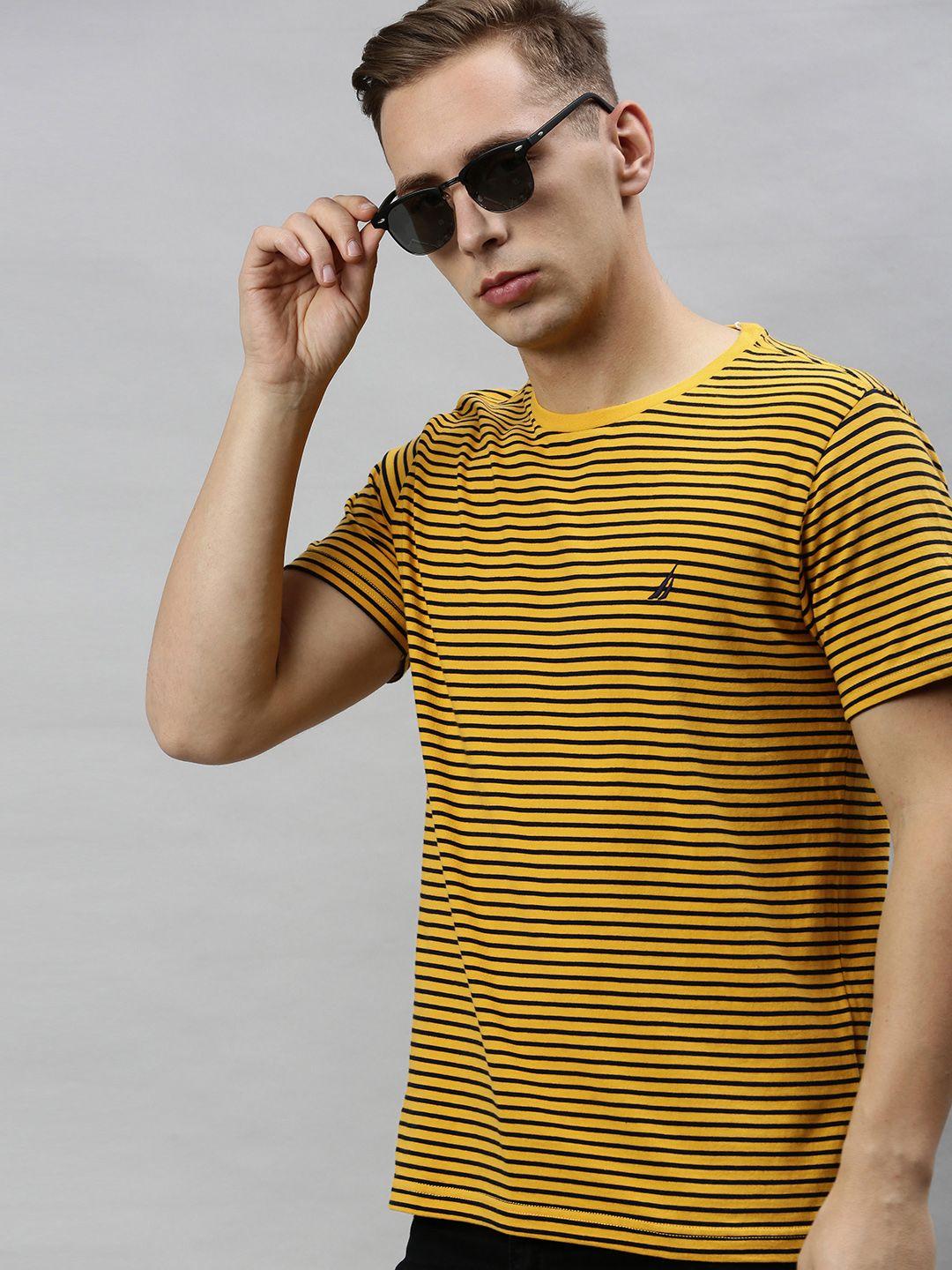 nautica men mustard yellow  navy   striped round neck pure cotton t-shirt