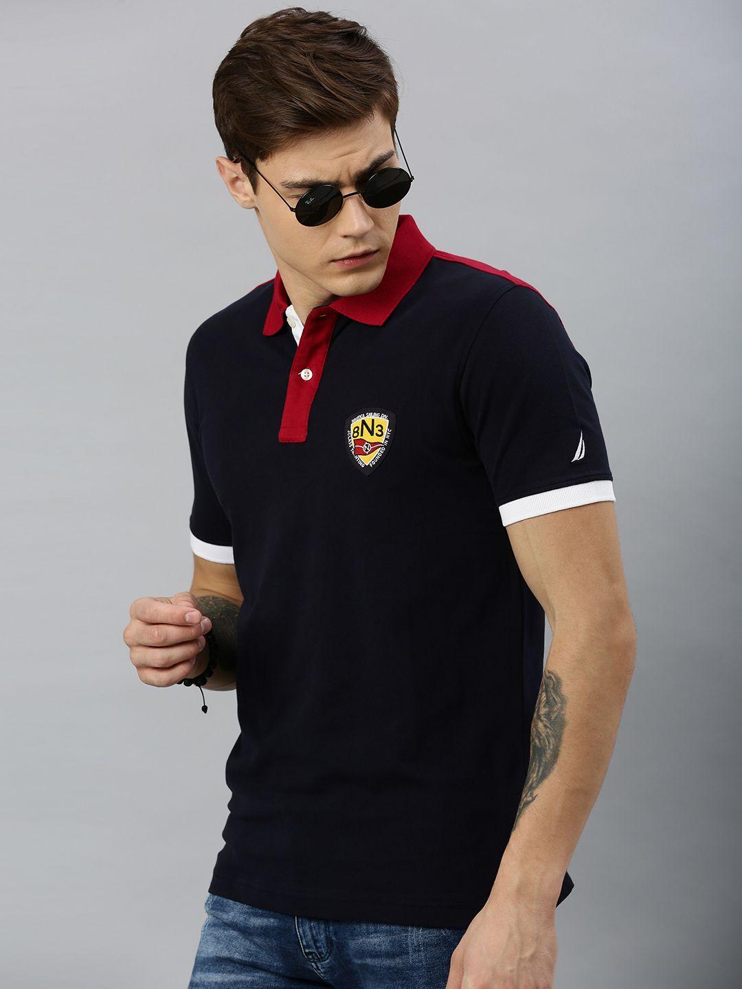 nautica men navy blue & red solid polo collar applique t-shirt