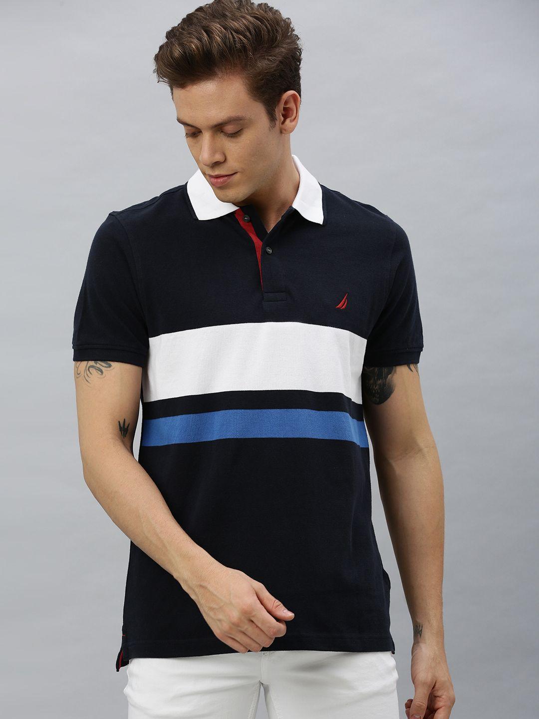 nautica men navy blue & white colourblocked polo collar pure cotton t-shirt