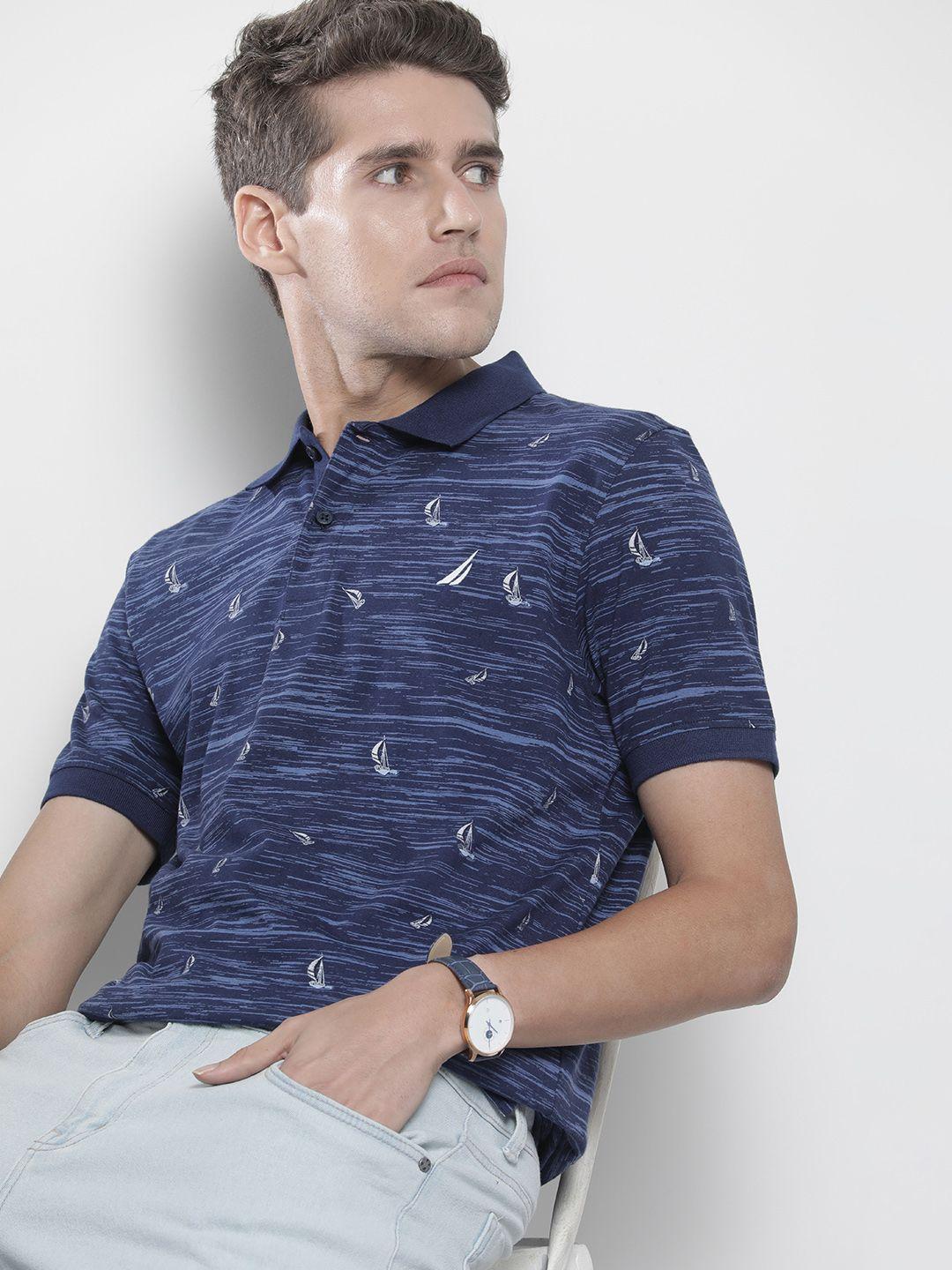 nautica men navy blue & white printed pure cotton polo collar t-shirt