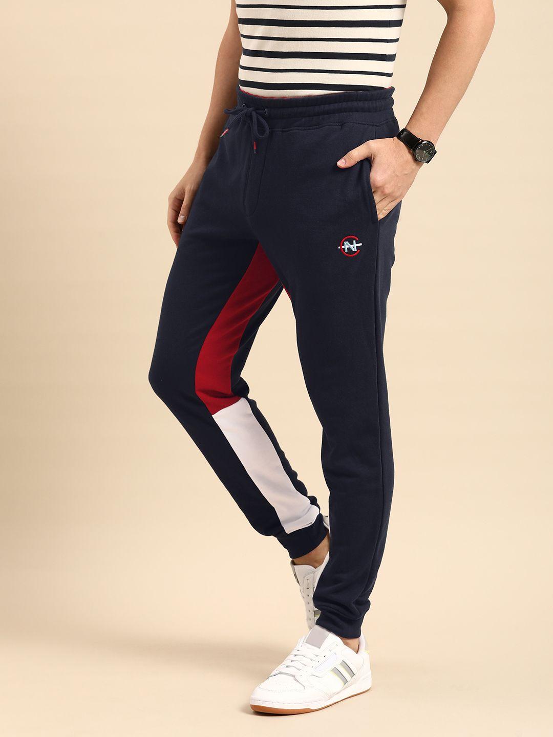 nautica men navy blue solid joggers with contrast panels