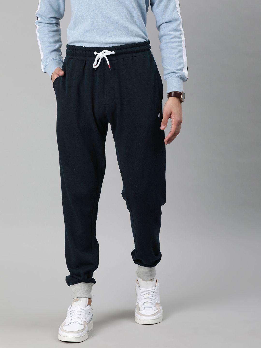 nautica men navy blue solid joggers with side striped detail