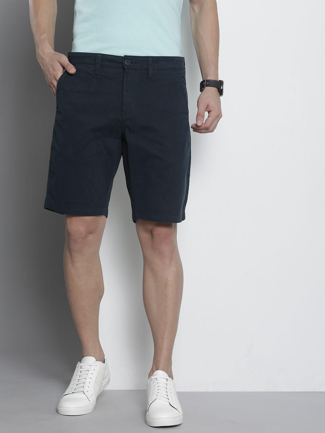 nautica men navy blue solid slim fit mid-rise regular shorts