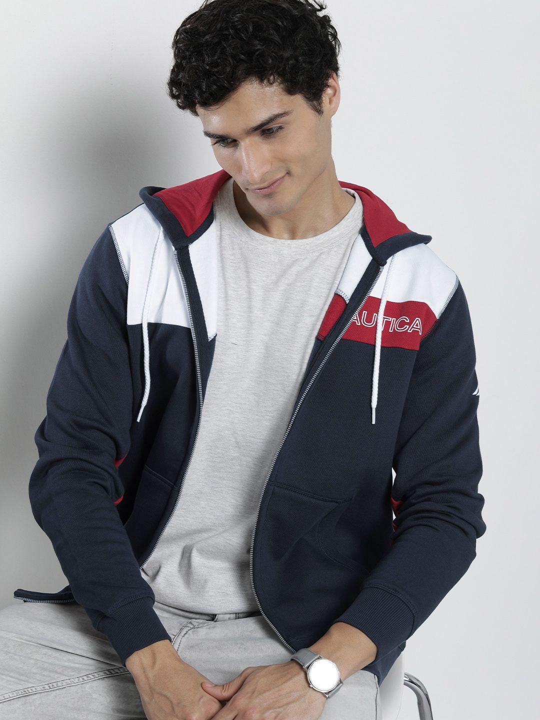 nautica men navy brand logo detail colourblocked hooded sweatshirt