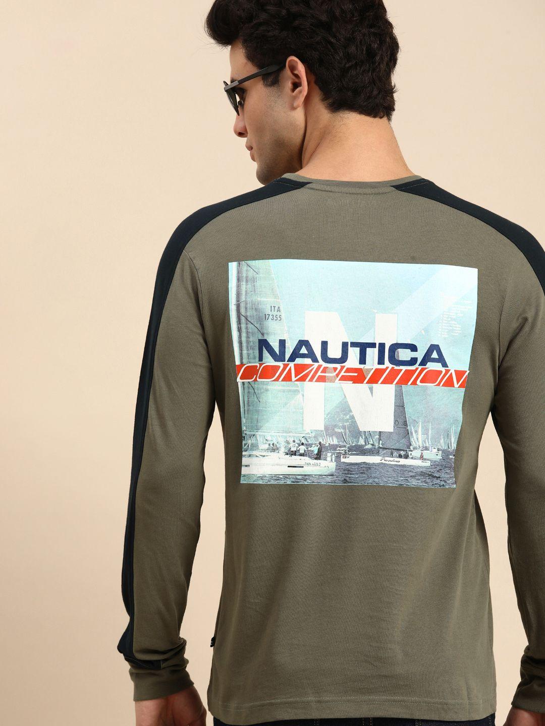 nautica men olive green brand logo print round neck pockets pure cotton t-shirt