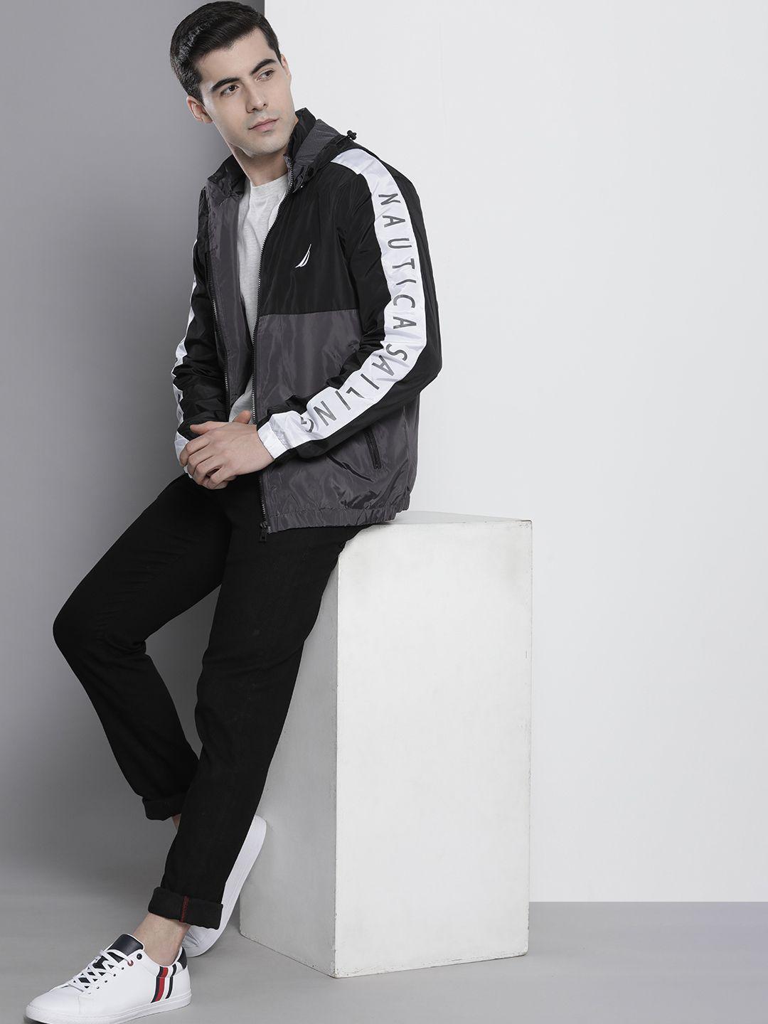 nautica men printed sporty jacket with detachable hood