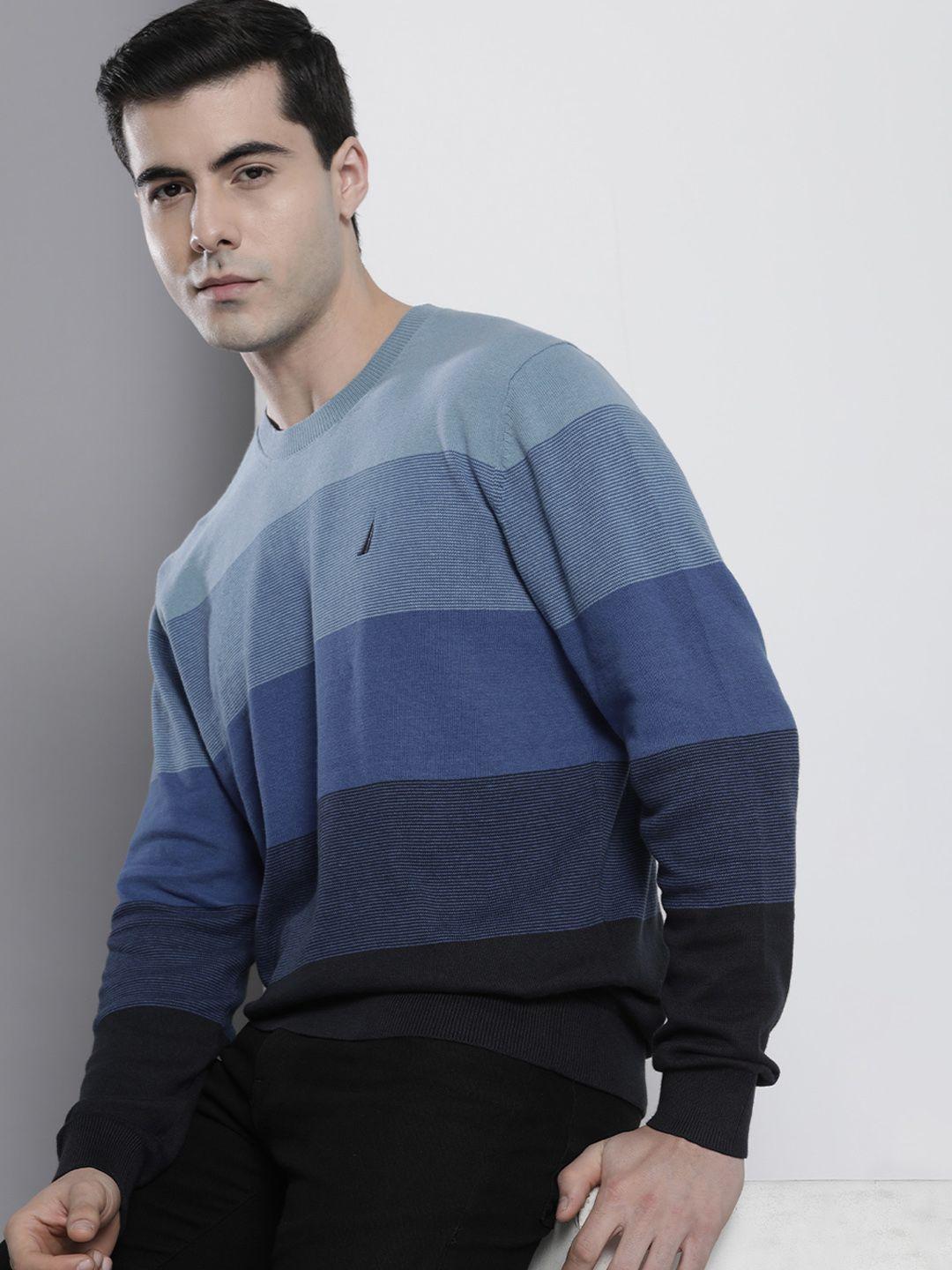 nautica men pure cotton colourblocked pullover with embroidered detail