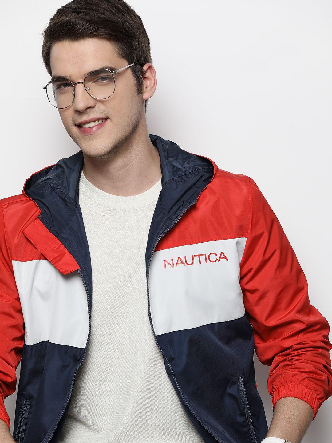 nautica men red & navy blue colourblocked hooded open front jacket